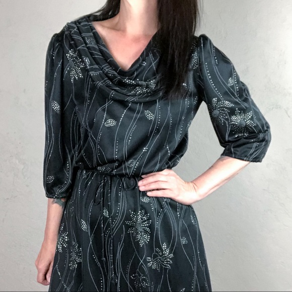 Vintage 1960s Black and Silver Cowl Neck Dress - Picture 2 of 9